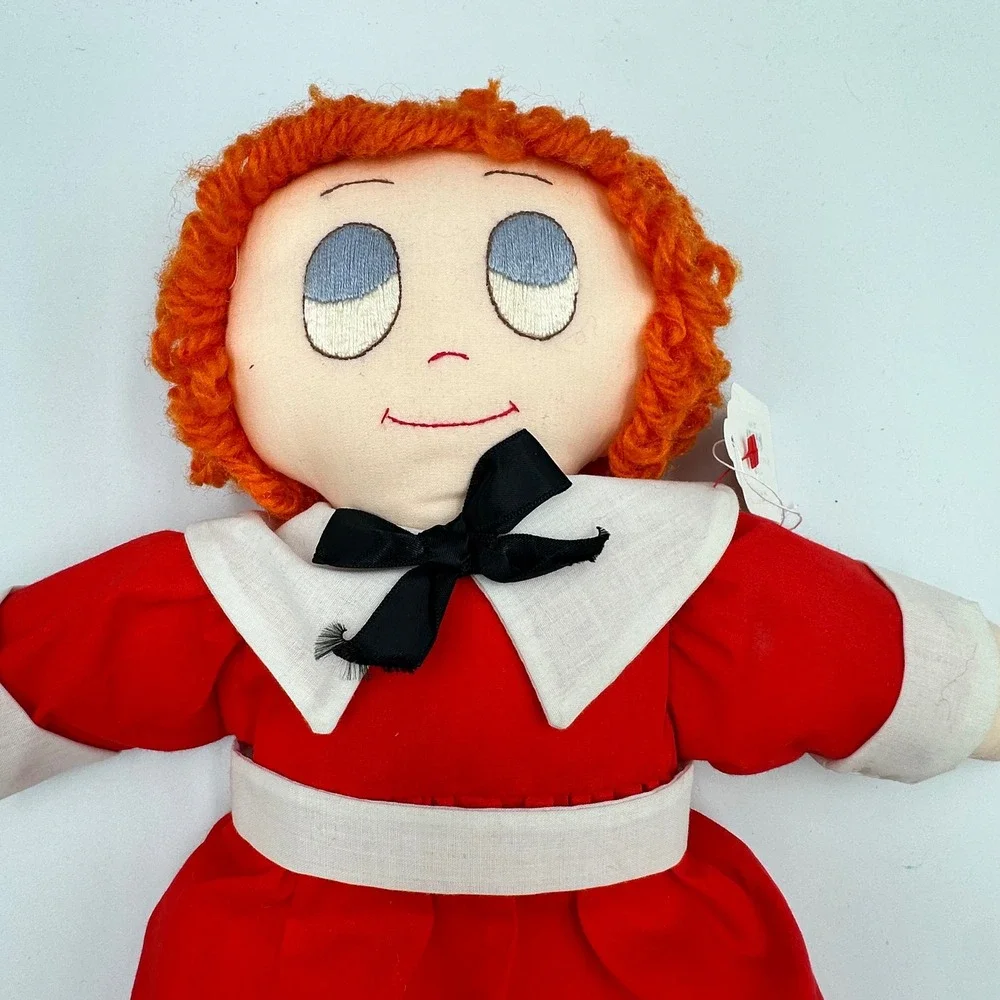 Vintage Little Orphan Annie Rag Doll 16 Inch Red Dress Orange Yarn Hair Plush